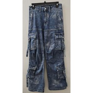 Vibrant VBRT Women's Metallic Cargo Denim Jeans Size Small Wide‎ Leg Pockets